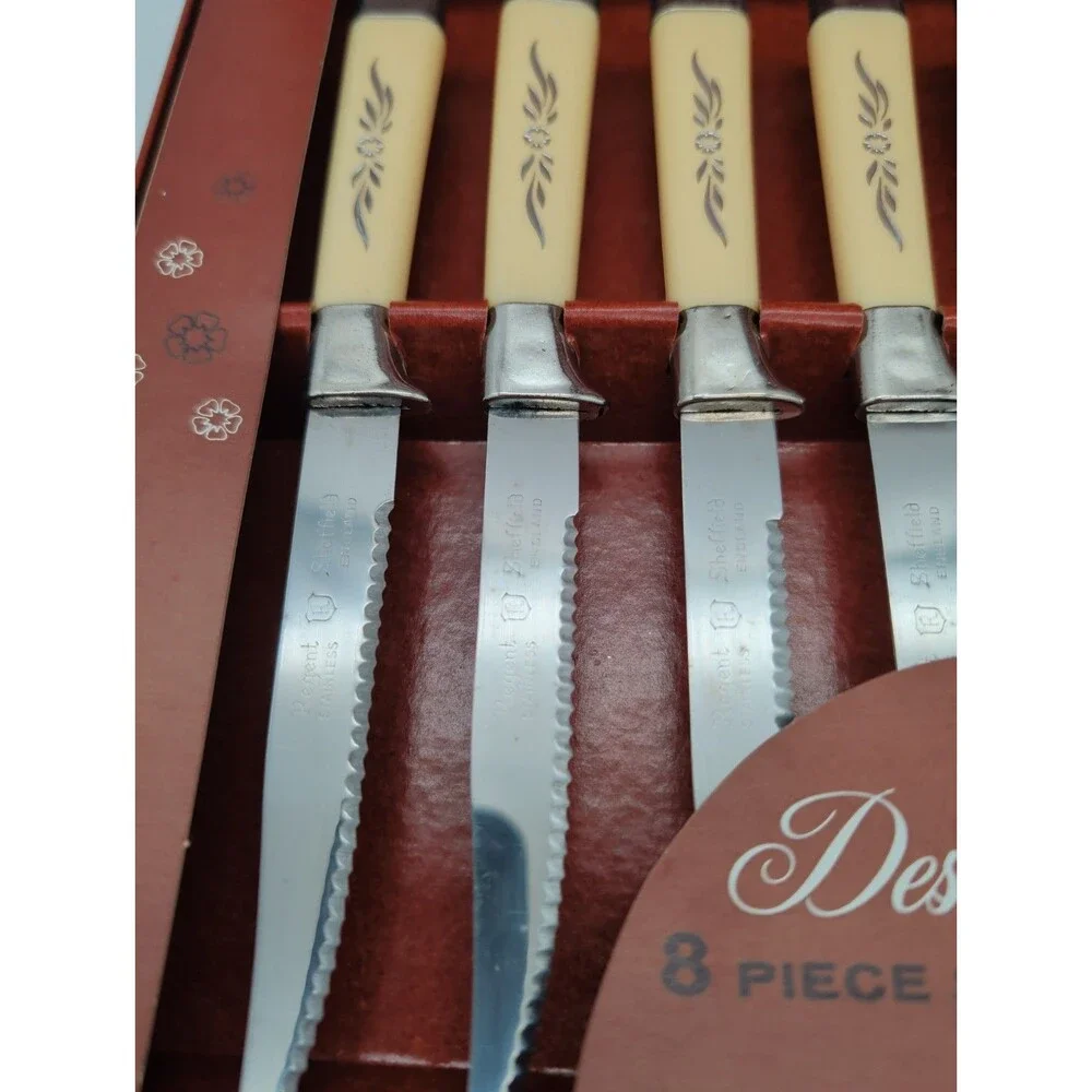 Royal Sheffield Desert Flower Steak Knives 8 Pc England 1960's